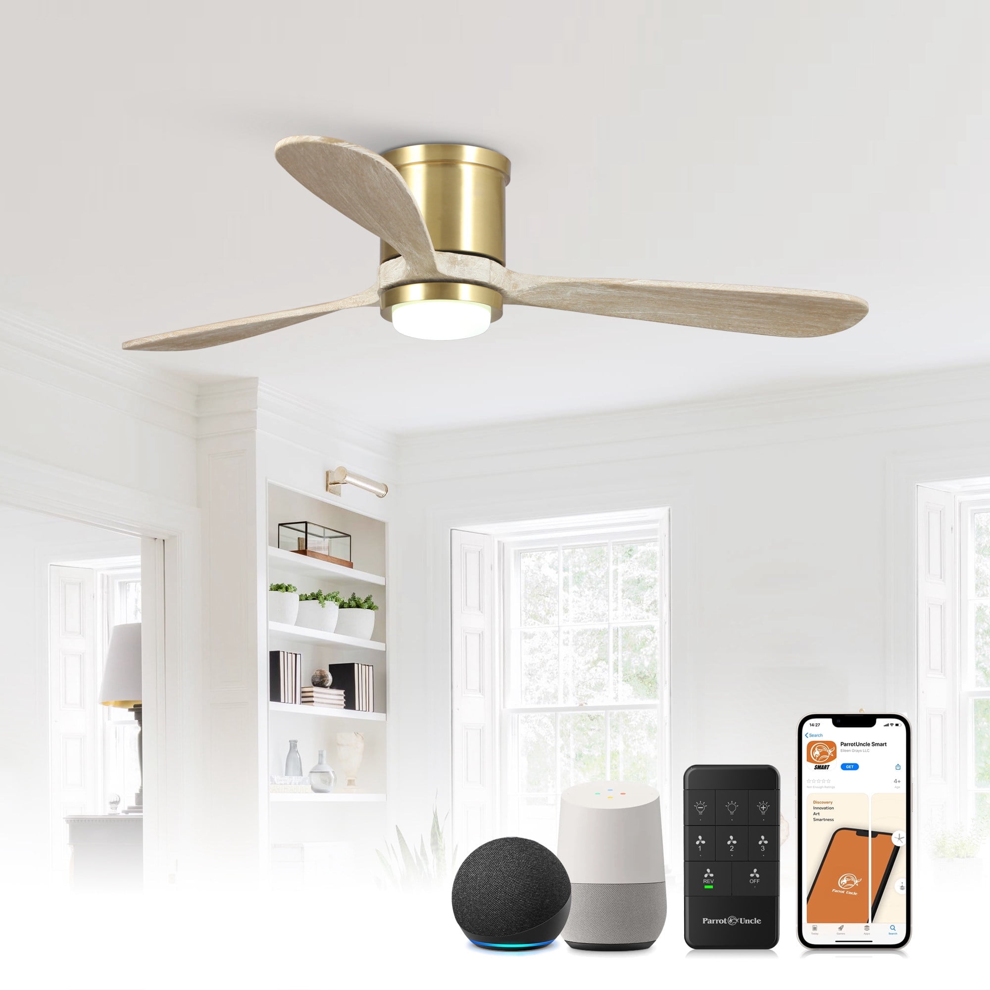 Golden Low Profile Ceiling Fan with LED Light and Remote