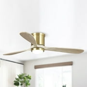 Parrot Uncle 52" Wood 3-Blade Low Profile/ Flush Mount Ceiling Fan with Light and Remote Sleek Gold Gold Brushed