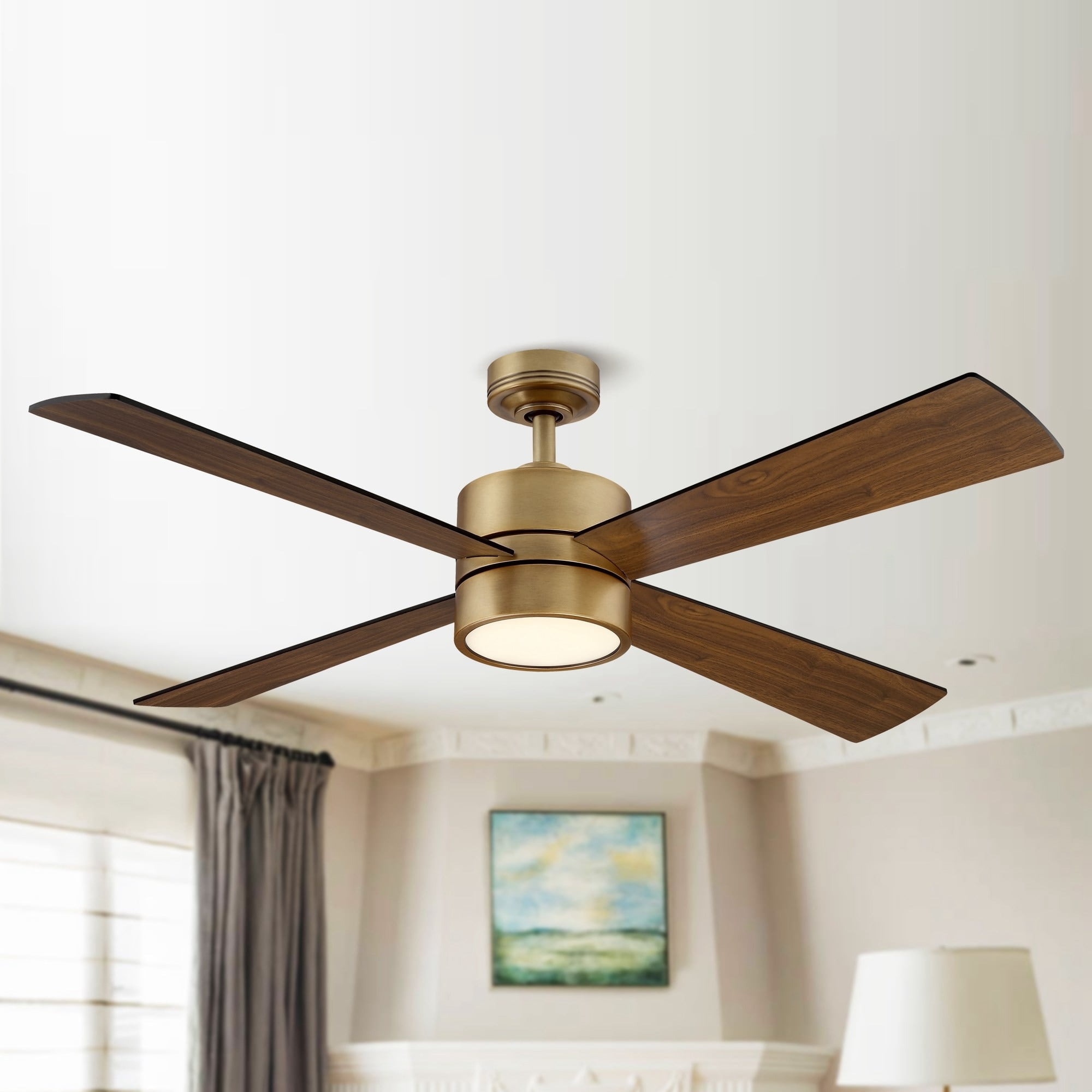 52" Walnut and Brass Ceiling Fan with LED Light and Remote