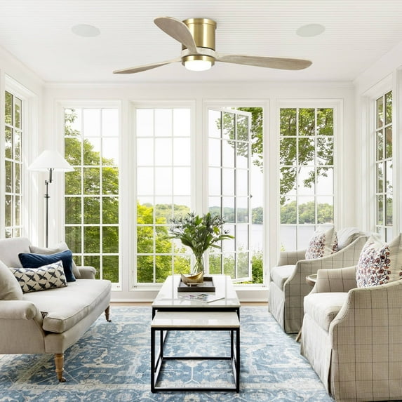 Parrot Uncle 52-in Low Profile Wood 3-Blade LED Ceiling Fan with Remote Control - 52" x 10" Sleek Gold Gold Brushed