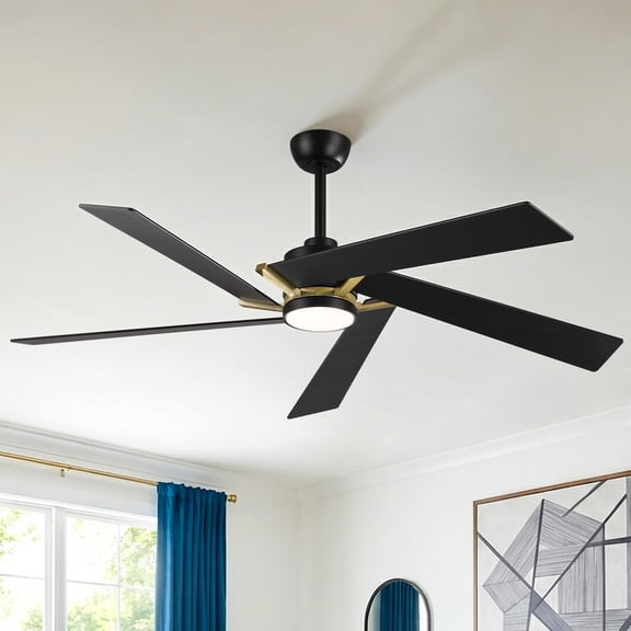 Parrot Uncle 60" Farmhouse HVLS LED Ceiling Fan with Light and Remote Control, Windmill Large Ceiling Fan, 6-Speed Reversible DC Motor, 3CCT Dimmable LED, Black with Brown/Black Blades