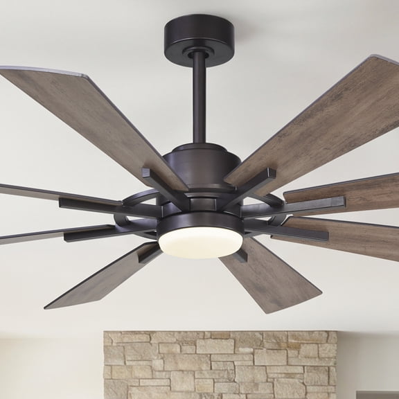 Parrot Uncle 60" Farmhouse Windmill LED Ceiling Fan with Lights and Remote, 8-Blade Reversible Rustic Large Ceiling Fan for Living Room, Bronze