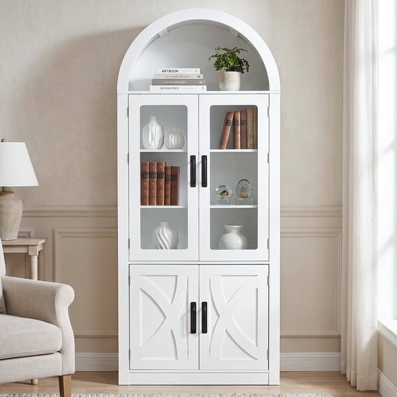 Parrot Uncle 70"H 6-Shelf Arched White Bookshelf, Bookcase Display Cabinet with Acrylic Doors for Living Room, Home Office