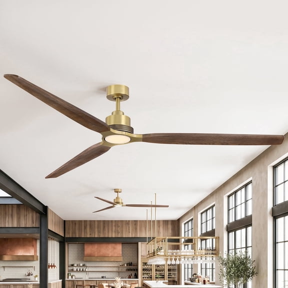 Parrot Uncle 84" Propeller Solid Wood LED Ceiling Fan with Light and Remote, Brushed Gold 3-Blade Large Ceiling Fan for Living Room