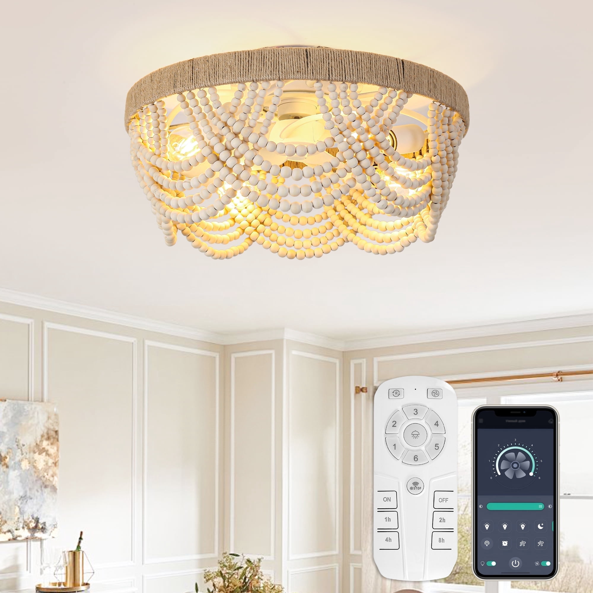Parrot Uncle 20" Smart Beige Wood Beaded 4-Light Flush Mount Smart Ceiling Fan with Remote and Light Kit, Bedroom Ceiling Fan