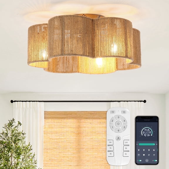Parrot Uncle Bohemia 21" Smart Brown Hemp Rope Flush Mount Ceiling Fan with Remote and App Control for Bedrooms