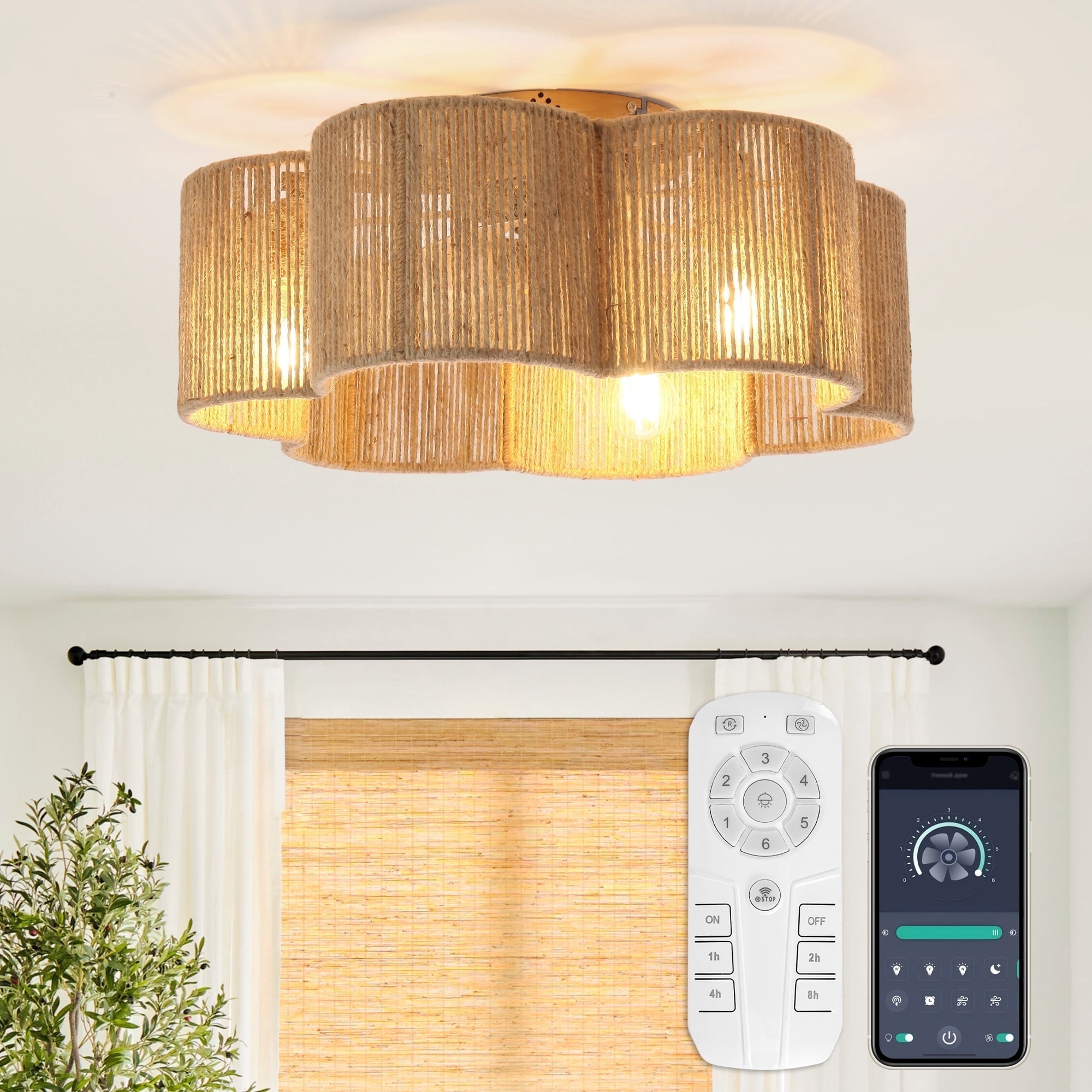 Parrot Uncle Bohemia 21" Smart Brown Hemp Rope Flush Mount Ceiling Fan with Remote and App Control