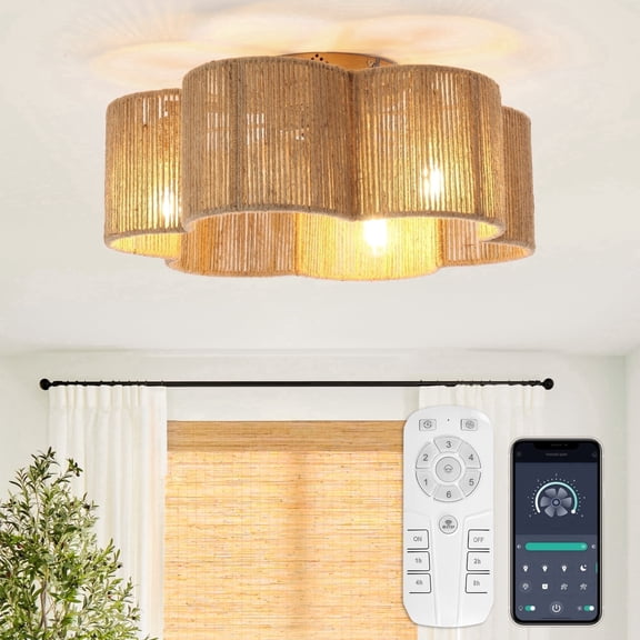 Parrot Uncle Bohemia 21" Smart Brown Hemp Rope Flush Mount Ceiling Fan with Remote and App Control for Bedrooms
