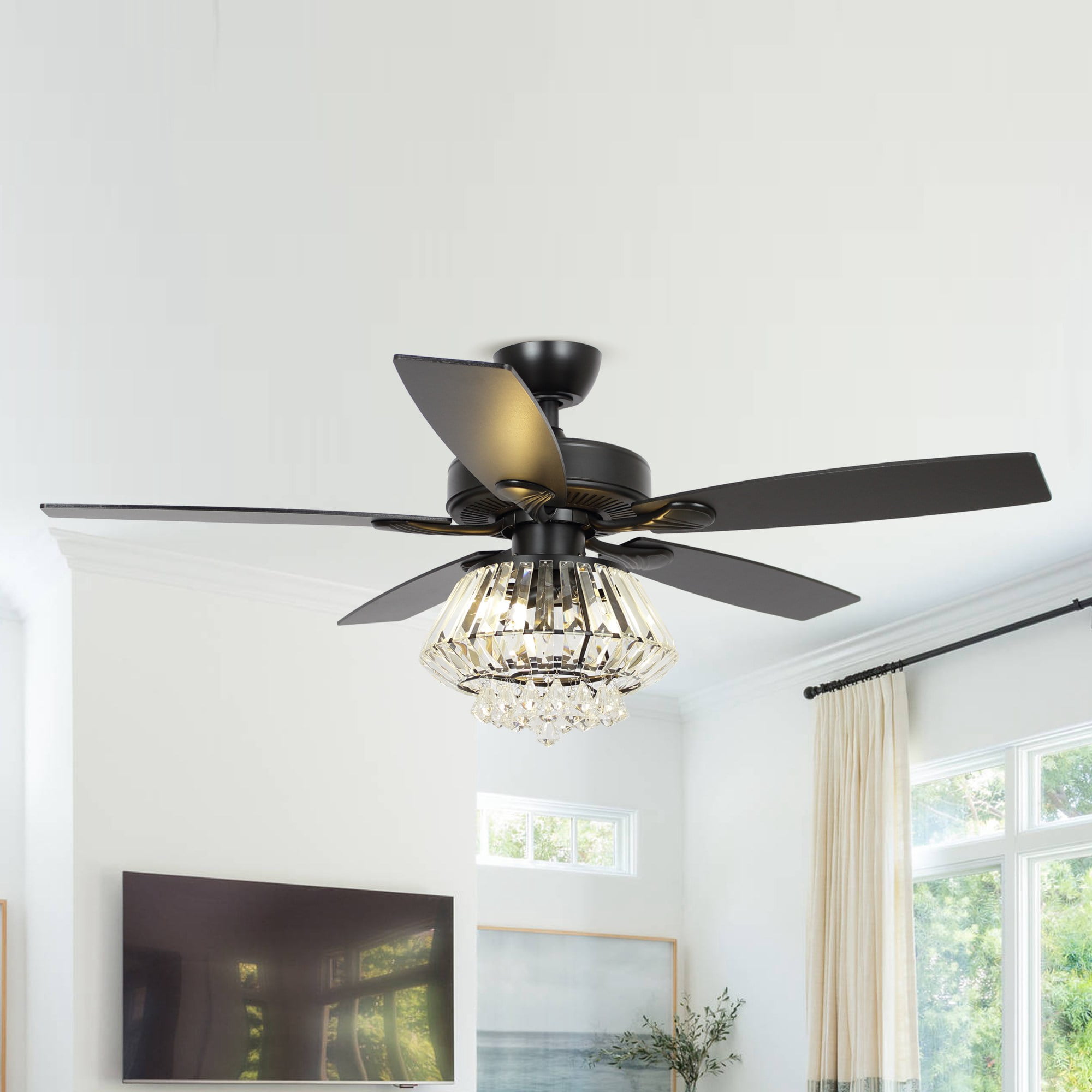 Parrot Uncle Ceiling Fan with Remote Control 52 inch Diamond Crystal Chandelier Fan with Light 5 Reversible Blades Ceiling Fan, 3 Bulbs Not Included, Black