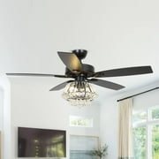 Parrot Uncle Ceiling Fan with Remote Control 52 inch Diamond Crystal Chandelier Fan with Light 5 Reversible Blades Ceiling Fan, 3 Bulbs Not Included, Black