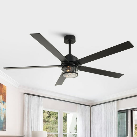 Parrot Uncle 65" Ceiling Fan with Light and Remote, Black with 5 Farmhouse Blades and Bulbs