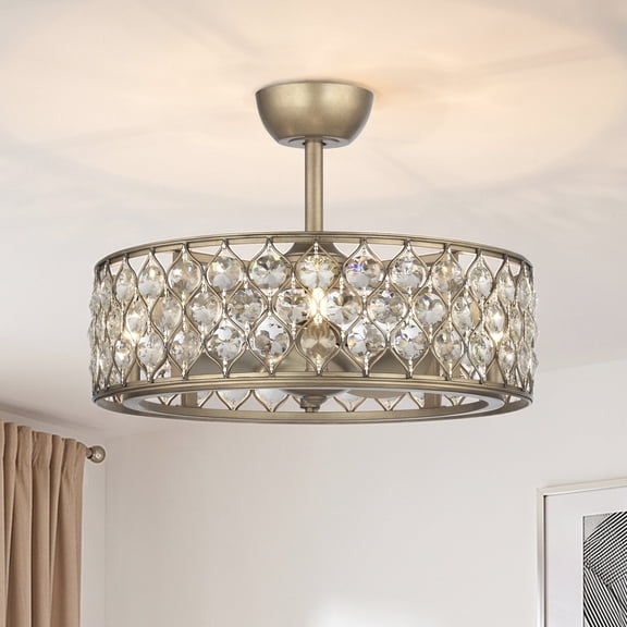 Parrot Uncle 25" Modern Crystal Caged Ceiling Fan with Lights and Remote, Drum Bladeless Chandelier Fan