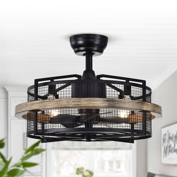 Parrot Uncle 20" Farmhouse Caged Ceiling Fan with Lights and Remote Control, Black Bladeless Chadelier Ceiling Fan