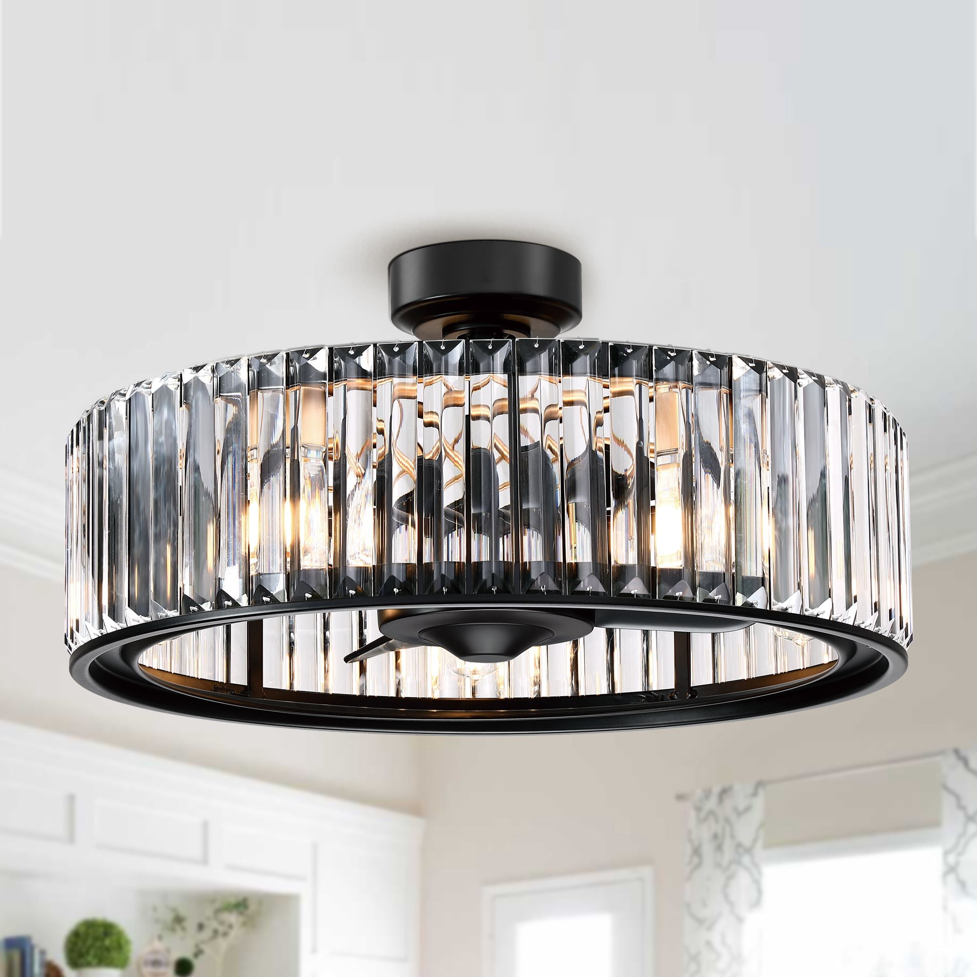 Parrot Uncle 26 inch Modern Drum Crystal Ceiling Fan with Lights and Remote Control, Black