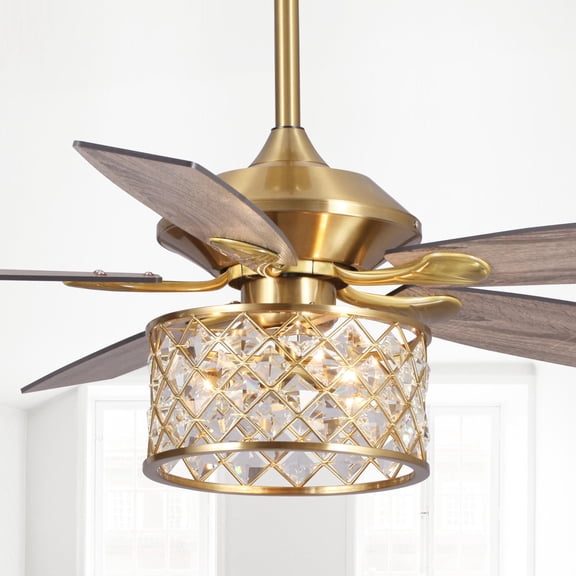 Parrot Uncle 52 inch Gold Chandelier Crystal Ceiling Fan with Lights and Remote Control, 5 Blades, Indoor