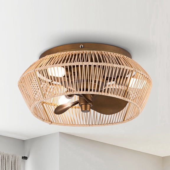 Parrot Uncle 13“ Boho Small Caged Flush Mount Ceiling Fan with Lights and Remote, Low-Profile Bladesless Ceiling Fan for Bedroom