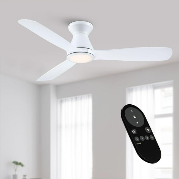 Parrot Uncle Ceiling Fans with Lights 52 Inch White Low Profile Ceiling Fan with Remote Control for Bedroom Flush Mounted, Dimmable LED Light