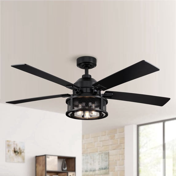 Parrot Uncle 52-Inch Black Industrial Ceiling Fans with Lights and Remote Caged Indoor Ceiling Fan for Bedroom