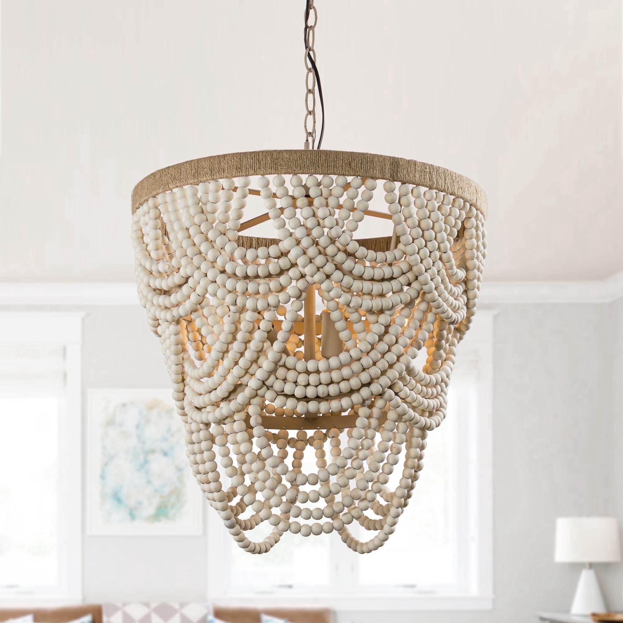 Parrot Uncle 20" Bohemian 4-Light 3-Tier Wood Beaded Dimmable Chandelier Pendant for Bedroom
