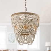 Parrot Uncle 20 Bohemian 4-Light 3-Tier Wood Beaded Dimmable Chandelier Pendant for Bedroom