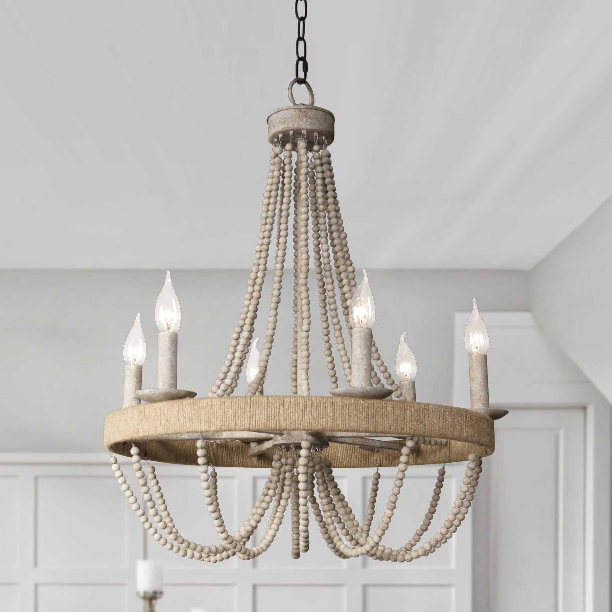 Distressed White Wood Beaded 6-Light Candle Chandelier