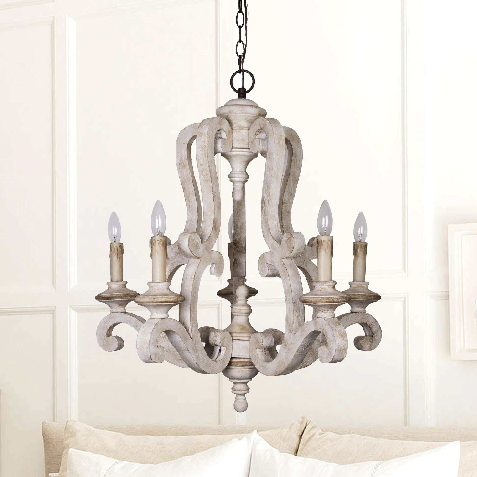 Distressed White 5-Light Wood Candle Chandelier