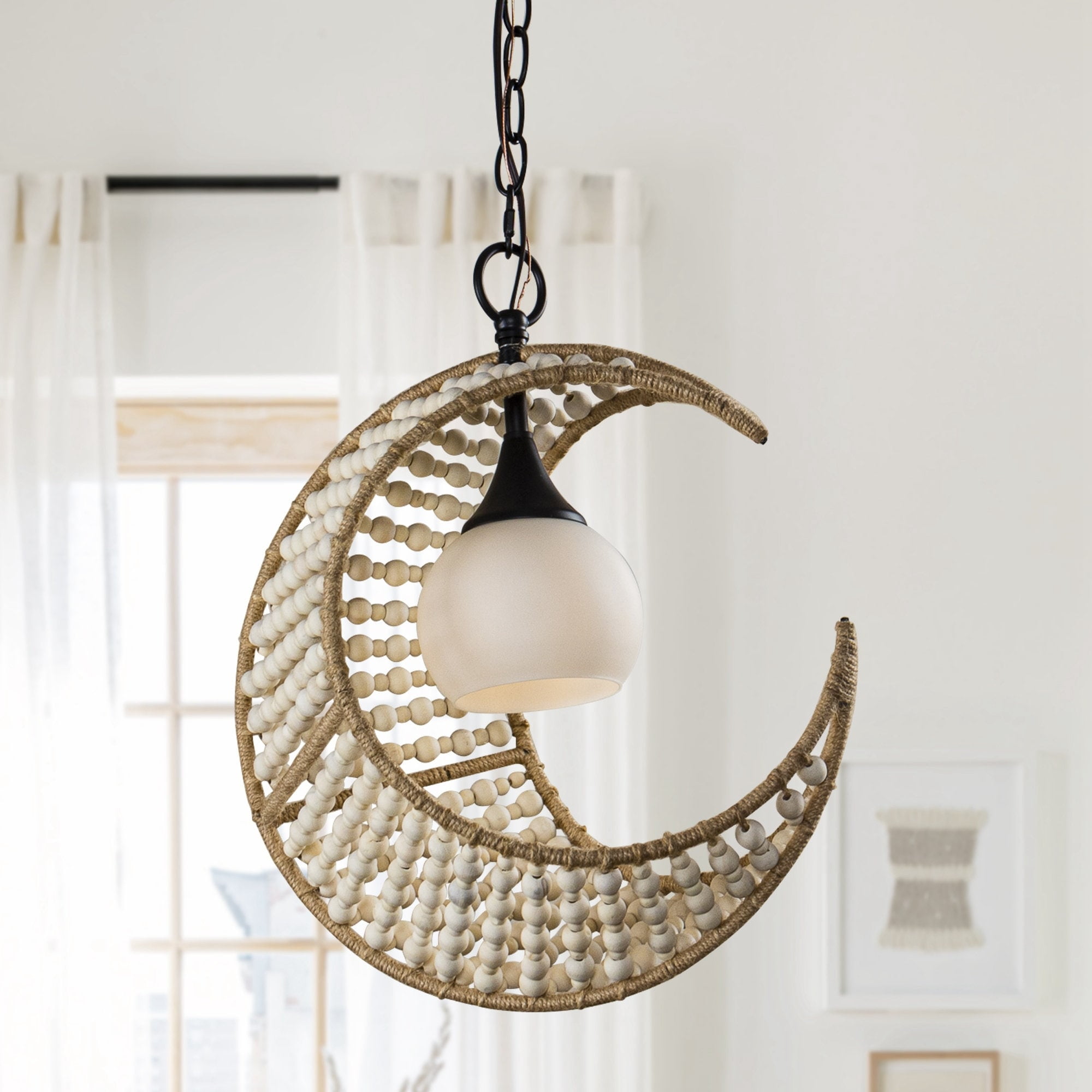 Beige Crescent Wood Beaded Pendant Chandelier with Hemp Rope