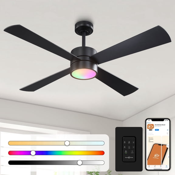 Parrot Uncle Modern 52" 4-Blade RGB LED Smart Ceiling Fan with Remote and APP Control, 3-CCT Dimmable LED Ceiling Fan