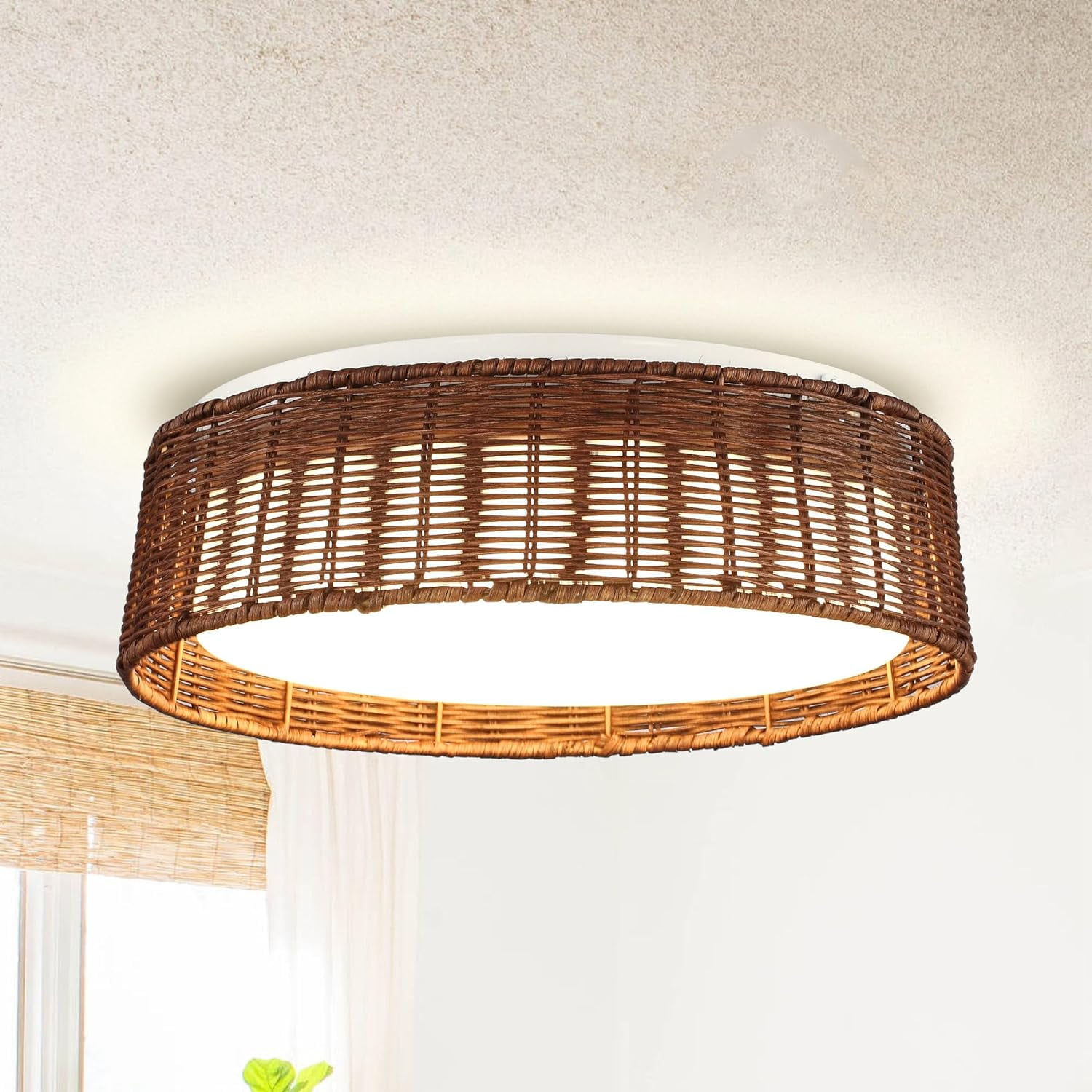 Parrot Uncle Farmhouse Rattan Drum Flush Mount Ceiling Lights LED Lighting for Bedroom Living Room Dining Room, 16.5 Inch