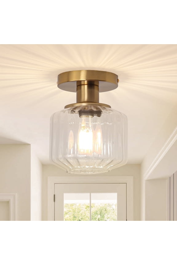 Modern Gold 1-Light Semi-Flush Mount Light with Clear Ribbed Glass Shade, Dimmable