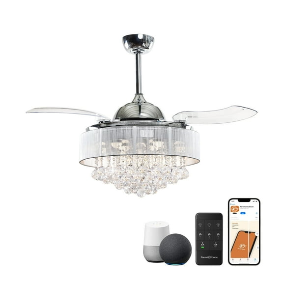 Parrot Uncle Smart Ceiling Fan with Light 42 inch  Modern Crystal Chandelier Ceiling Fan with LED Light, Compatible with Alexa