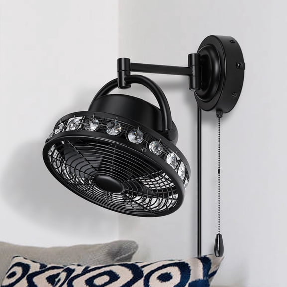 Parrot Uncle Wall Mount Fan Small Indoor Wall Fans Oscillating with Folding Arm Pull in Wall-mounted Fans Cord with Plug, 10 inch, Black