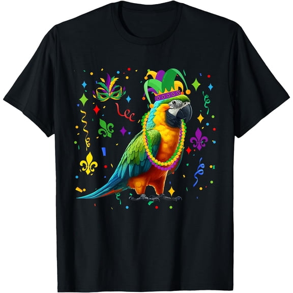 Parrot Wearing Mardi Gras Beads Jester Hat Masked Parades T-Shirt Mardi Gras Vibes T-Shirt, Carnival Energy, Parade Joy