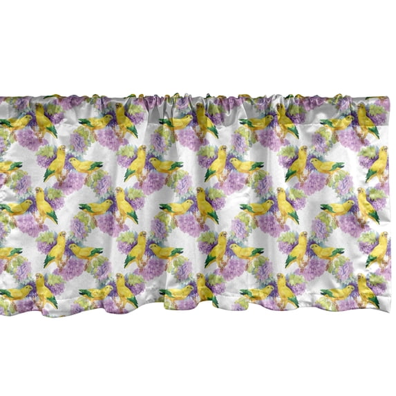 Parrot Window Valance Pack of 2, Continuous Watercolor Singing Exotic Birds with Flower Blossoms Print, Rod Pocket Curtain Valances for Kitchen Bedroom, 54" X 18", Mustard and Multicolor, by Ambesonne