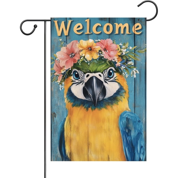 Parrot With Flowers Garden Flag, 12 x 18 Inch Double Sided Burlap Yard Flag, Rustic Wooden Board Design for Spring and Summer Outdoor Decoration