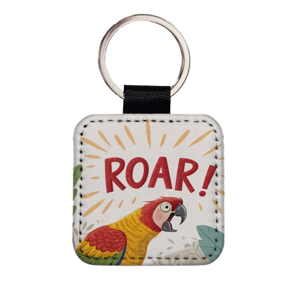 Parrot With Roar Bold Text Funny Faux Leather Square Keychain
