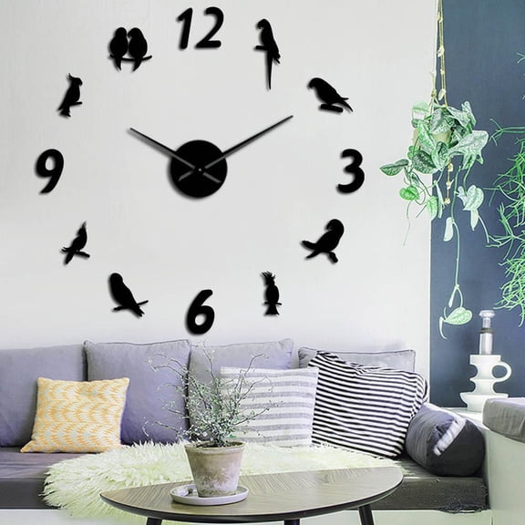 Parrot acrylic mirror bird DIY large wall clock tropical bird wall art home decoration(Black,27inch)