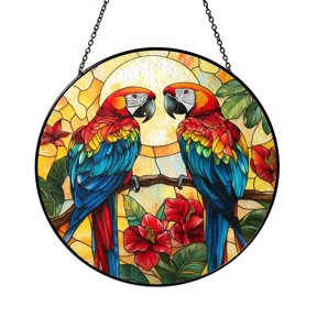 Parrot and Flower Window Decor – Stained Glass Style Hanging Art