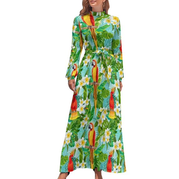 Parrots And Hibiscus Dress Tropical s Print Maxi Dress Aesthetic Beach Long Dresses High Neck Graphic Clothing