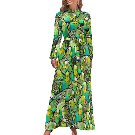 Parrots And Hibiscus Dress Tropical s Print Maxi Dress Aesthetic Beach Long Dresses High Neck Graphic Clothing