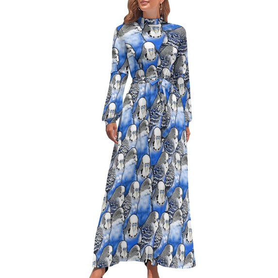 Parrots And Hibiscus Dress Tropical s Print Maxi Dress Aesthetic Beach Long Dresses High Neck Graphic Clothing