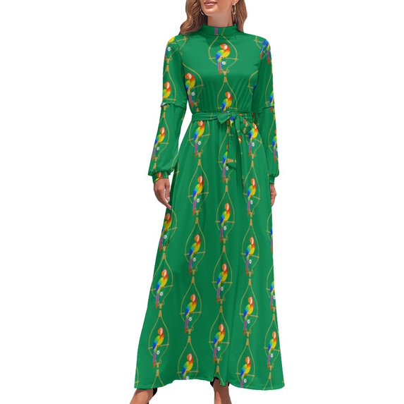 Parrots And Hibiscus Dress Tropical s Print Maxi Dress Aesthetic Beach Long Dresses High Neck Graphic Clothing