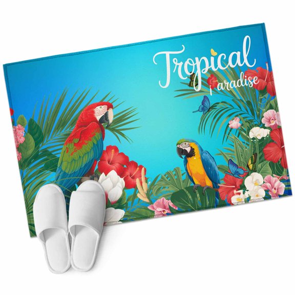 Parrots Bird Entryway Rug 2'x3' Red Pink Flower Tropical Plants Summer Gradient Blue Small Area Rug Non-Slip Front Door Mat Washable Floor Carpet for Indoor Entrance Kitchen Bathroom