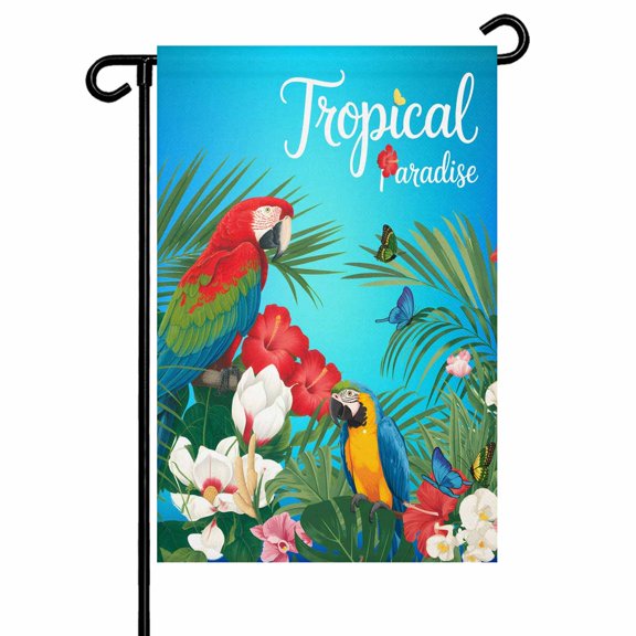 Parrots Bird Garden Flag 12x18 Inch Red Pink Flower Tropical Plants Summer Gradient Blue Double Sided Small Decorative Garden Flags for Outside, Outdoor Yard Porch Lawn Decoration