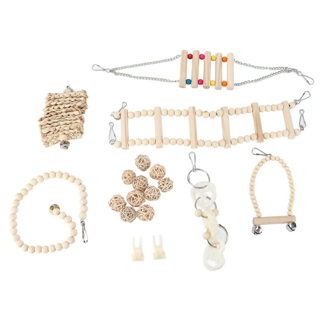 Parrots Chewing Toy Set Natural Wood Hanging Hammock Bird Cage Swing