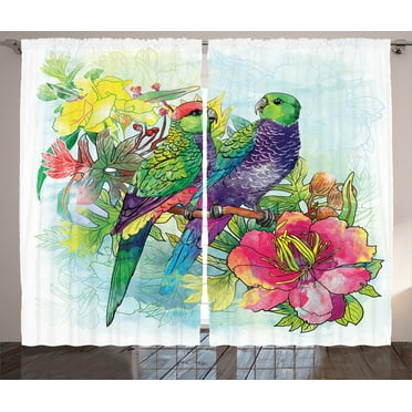 Ambesonne Tropical Curtains 2 Panel Set, Flowers Parrots Love, 108" x 84", Multicolor