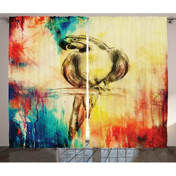 Ambesonne Colorful Curtains 2 Panel Set, Vintage Grunge Parrot, 108" x 84", Multicolor