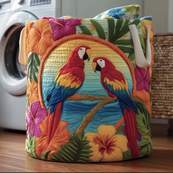 Parrots Pair Quilted Laundry Basket, with Handles, Foldable Clothes Hamper for Bedroom Storage