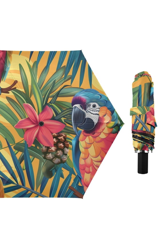Parrots Pineapples Flower Palm Leaves All Weather Umbrella Triple Folding Parasol 6 Ribs UV Protection Portable