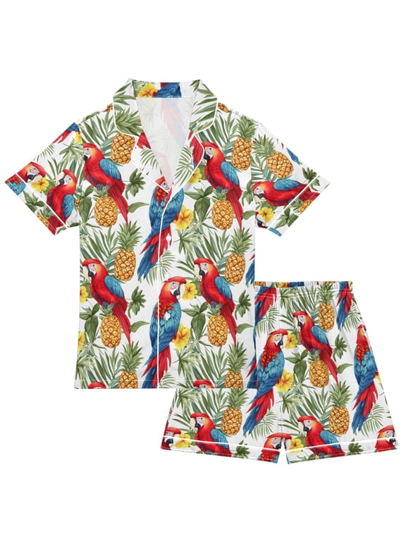 Parrots Pineapples Print Boy Girls Satin Pajamas Set Button-Up Short Sleeve Pj Sleepwear for 11-12 Years